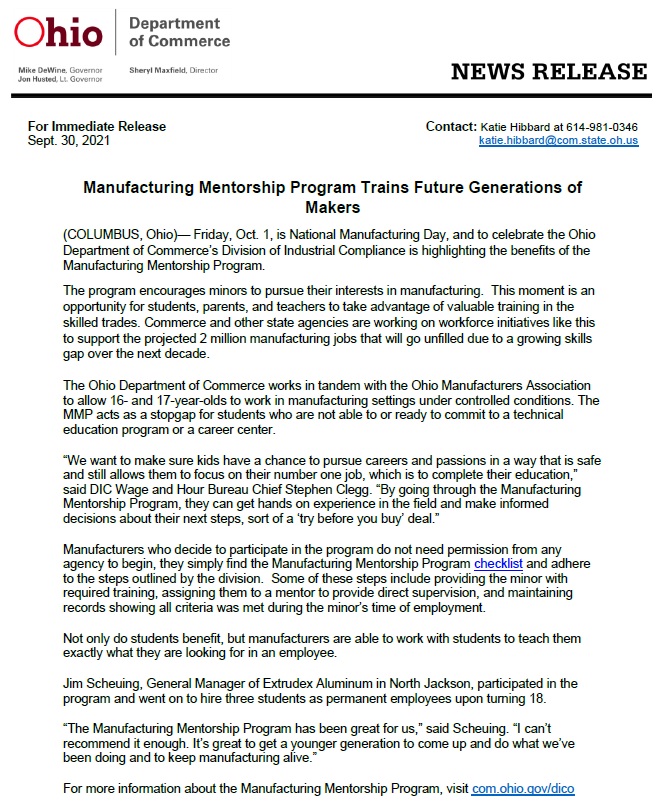 Information about the manufacturing mentorship program
