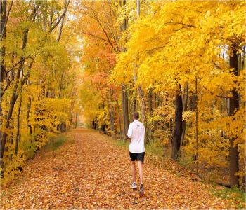 Man Running on Path Covered with Leaves during Fall