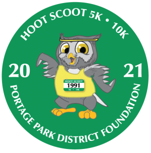 Virtual hoot scoot medal. Green circle with Owlbert mascot running. Hoot Scoot 5K 10K