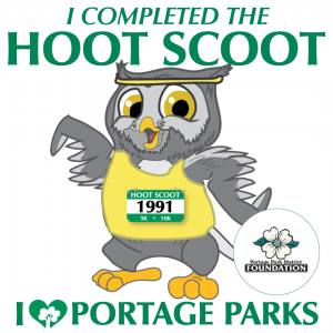 I completed the Hoot Scoot, I love Portage Parks, with cartoon Owl mascot with running bib