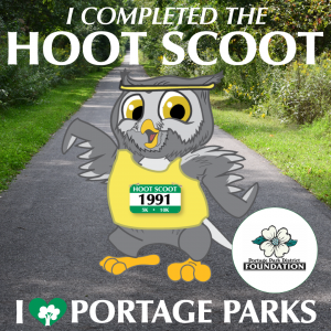 I completed the Hoot Scoot, I love portage parks. Cartoon owl on trail