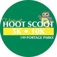 Green circle with running owl mascot. Text reads Virtual Hoot Scoot, I love portage parks