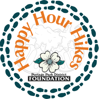 Happy Hour Hike logo with green boot prints in a circle and Portage Park District Foundation dogwood flower logo in the center.