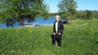 A woman stands in a green meadow in the foreground, a lake is visible in the background