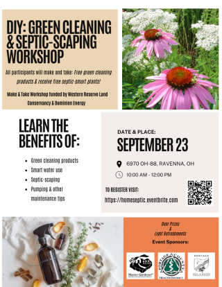 flyer for program with pictures of green cleaners and purple and white flowers 