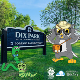 Dix Park sign with cartoon Owlbert, Cornelius Reed
