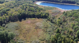 Aerial view of Crystal Lake with blue lake at the tope of the photo and wooded wetland at the bottom of the photo