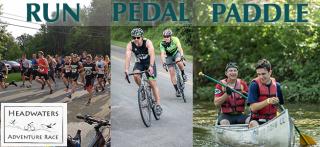 Run Peddle Paddle Poster of People Running, Biking, and Canoeing in three different Panels