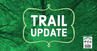 A First Person Perspective of Someone looking towards the tops of trees with green tinge and the the words Trail update in the c